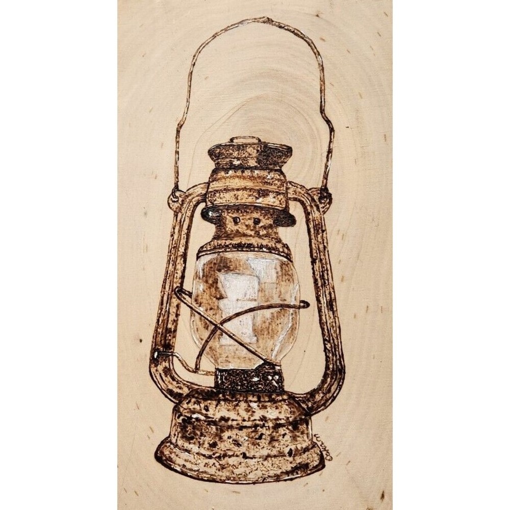 Lantern Wood Burned Pyrography Raw Edge Wood Slab Hand Crafted 15x9